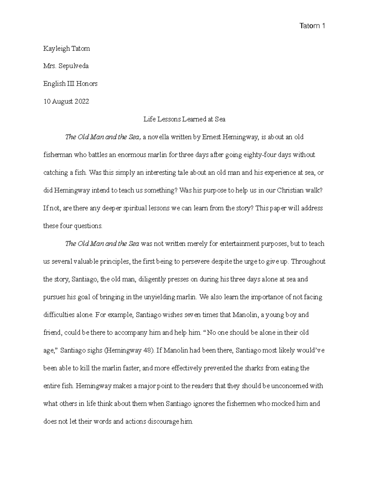 **English III Honors Essay: Life Lessons from 