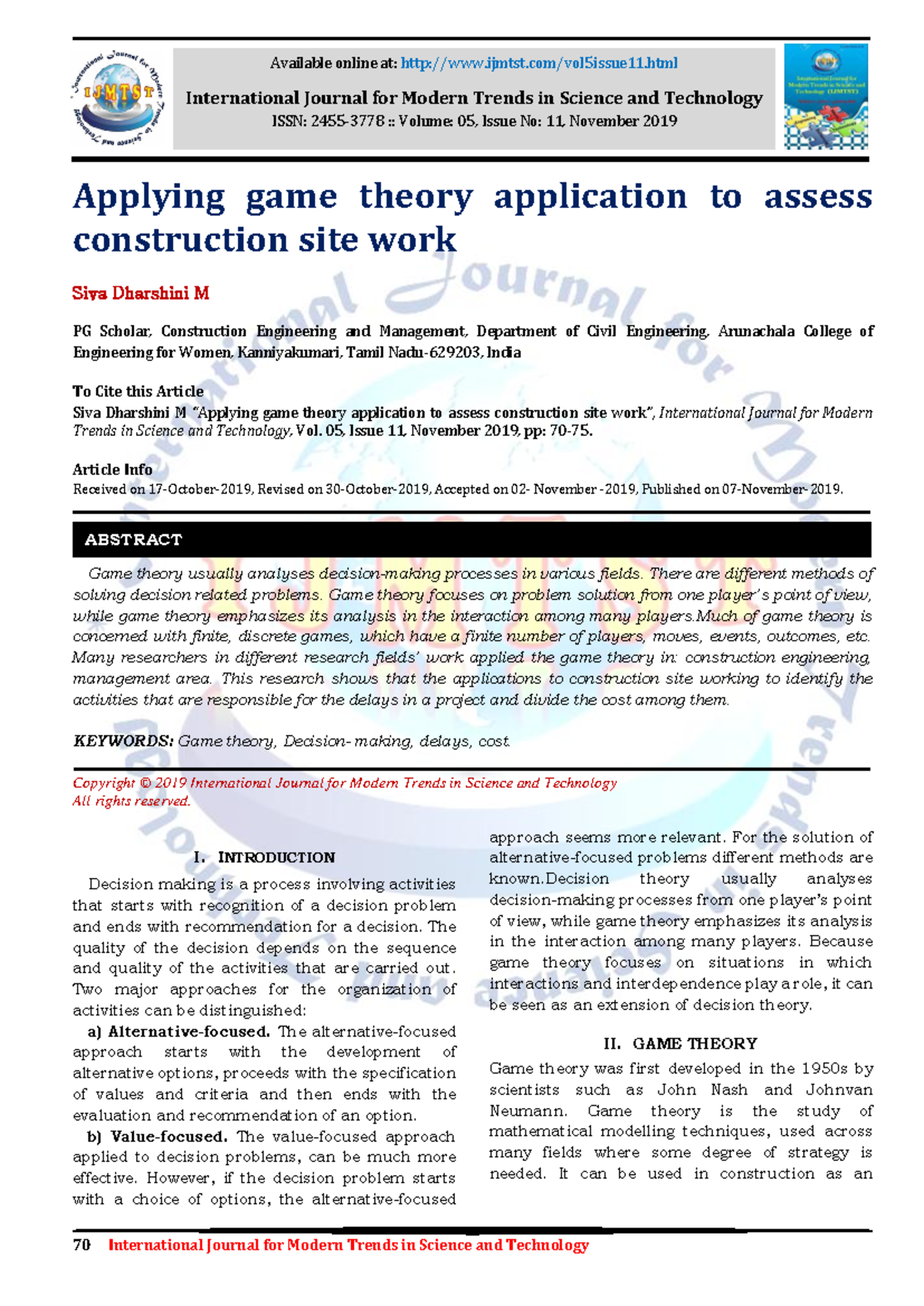 Applying Game Theory to Assess Construction Site Work (CEM 2019) - Studocu