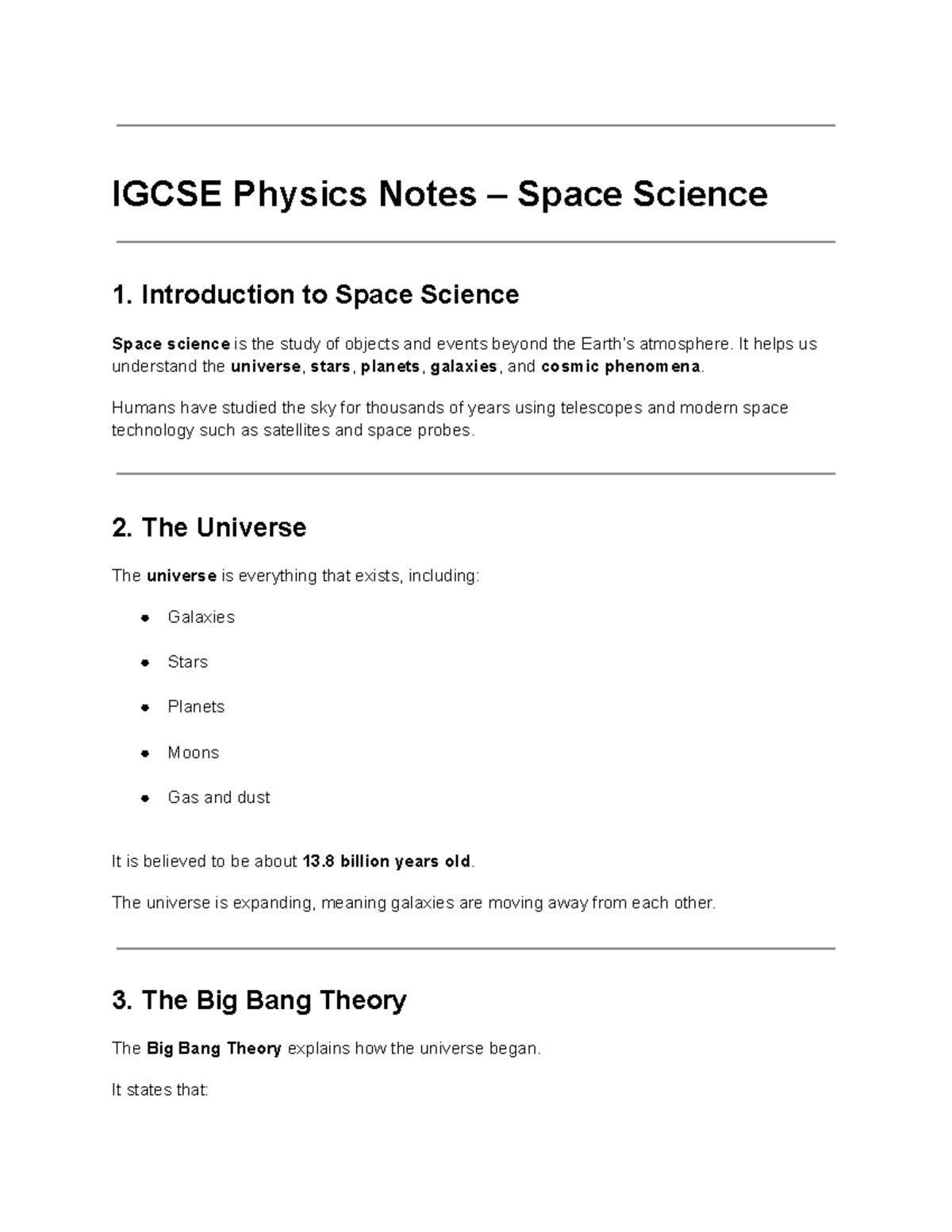 IGCSE Physics Notes: Space Science Overview and Key Concepts - Studocu
