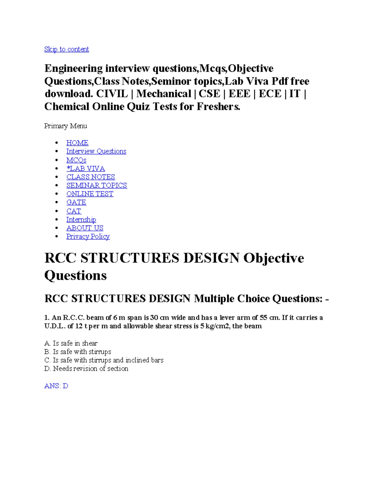 RCC Structures Design MCQs for Students - Preparation Guide - Studocu