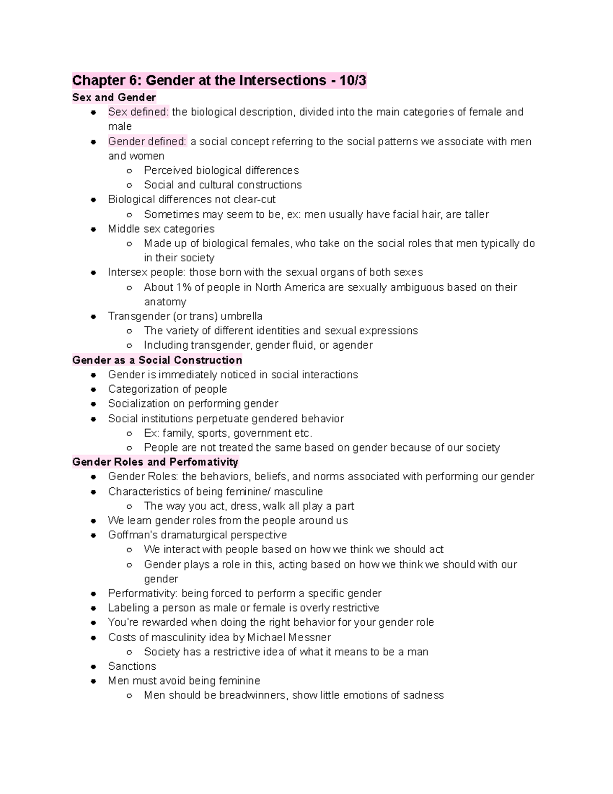 SOCL 2001 Notes - Exam #2 - Chapter 6: Gender at the Intersections - 10 ...