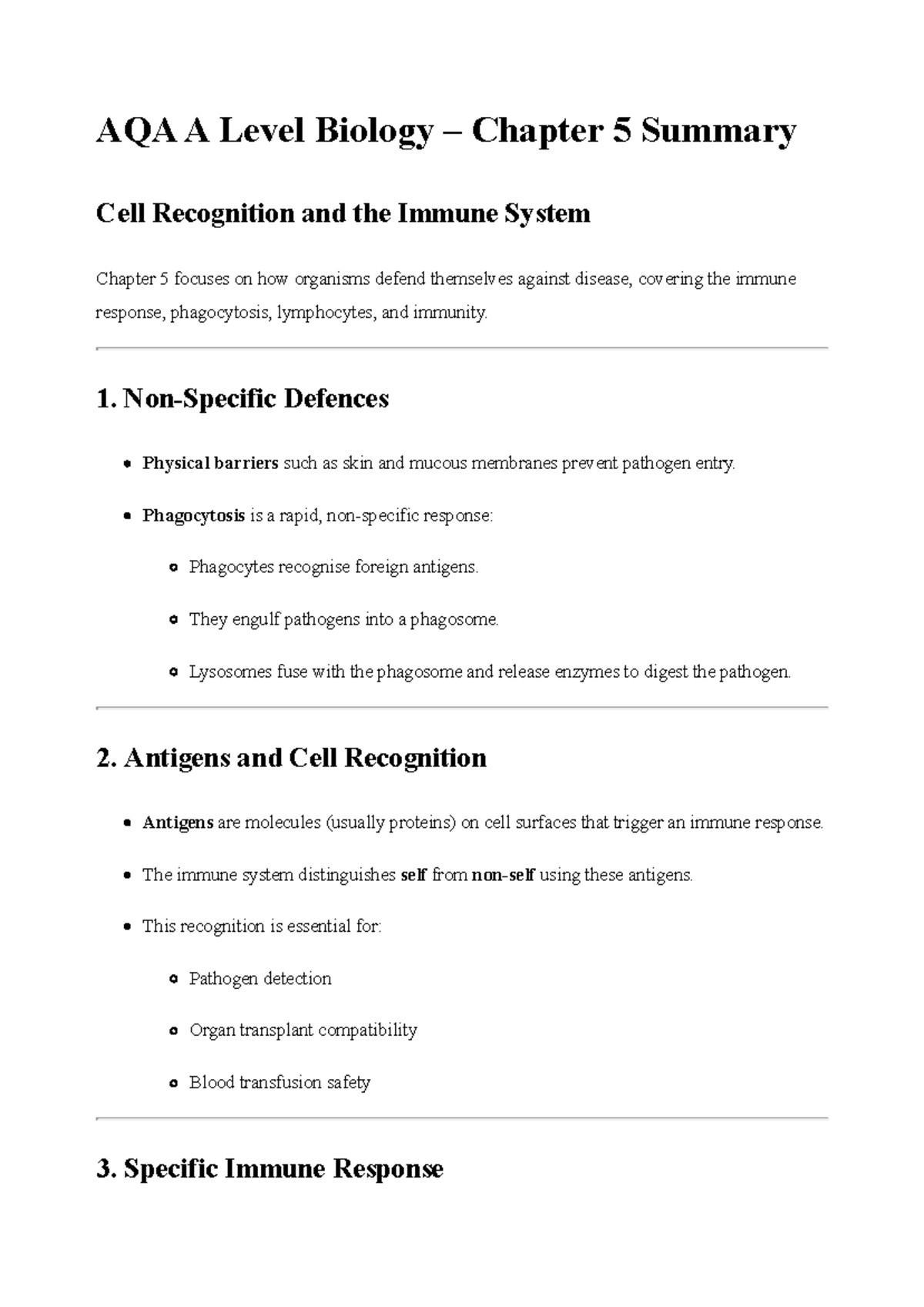 AQA A Level Biology Chapter 5 Summary: Cell Recognition & Immunity ...
