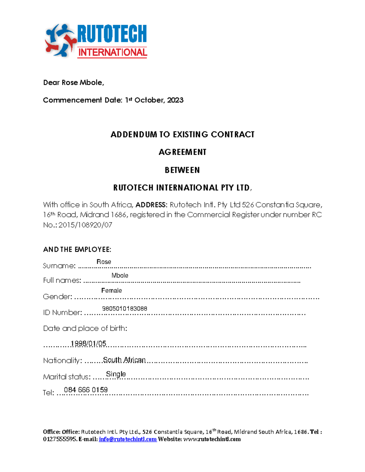 Addendum to Contract for Employee Rose Mbole (002) - Oct 2023 - Studocu