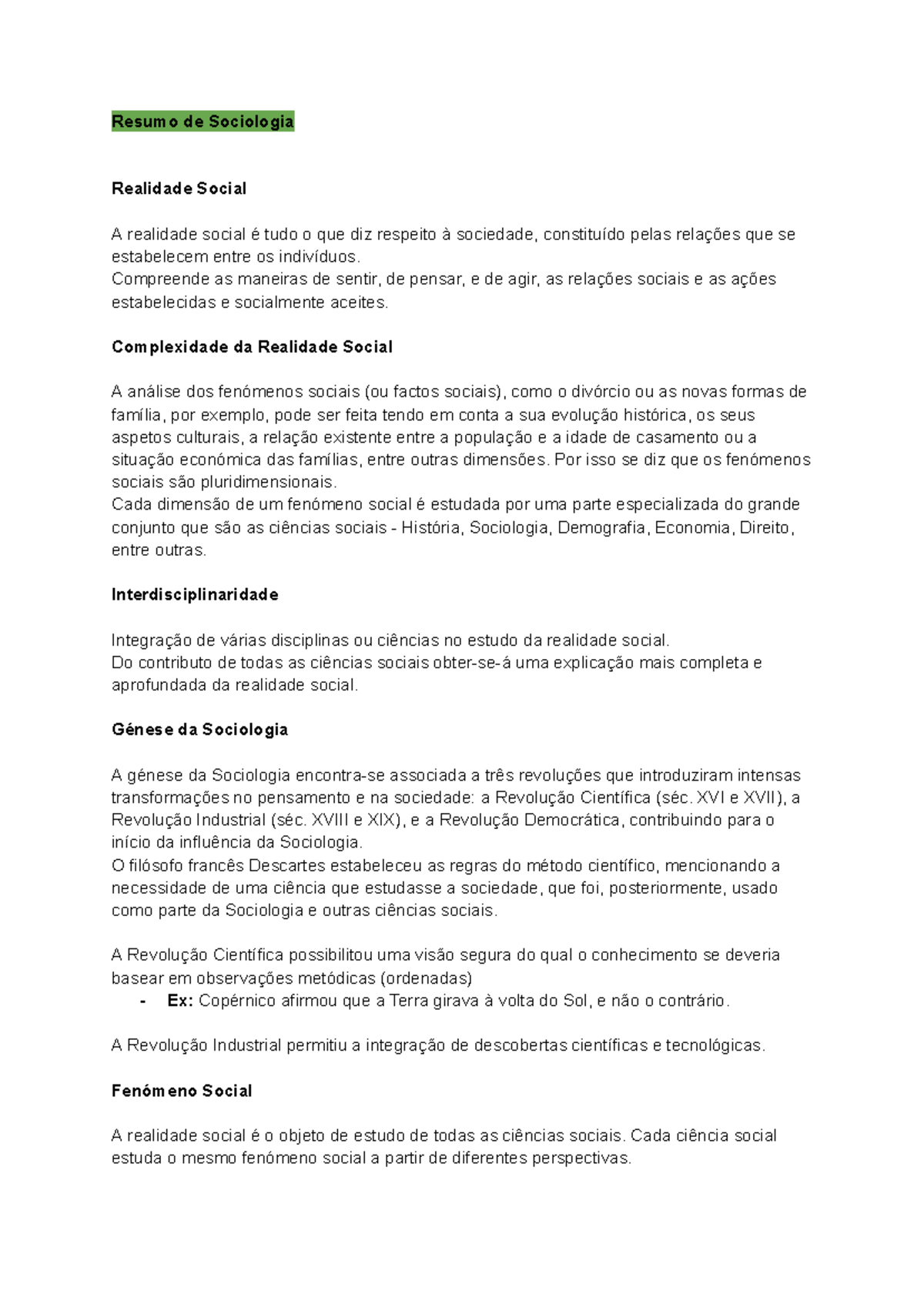 Resumo de Sociologia 12: Análise da Realidade Social e Fenómenos - Studocu