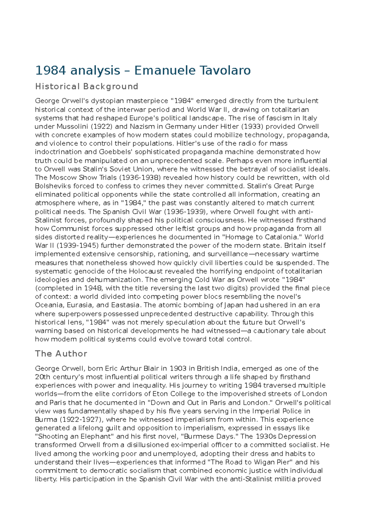 1984 Analysis: Historical Context and Themes in Orwell's Dystopia - Studocu