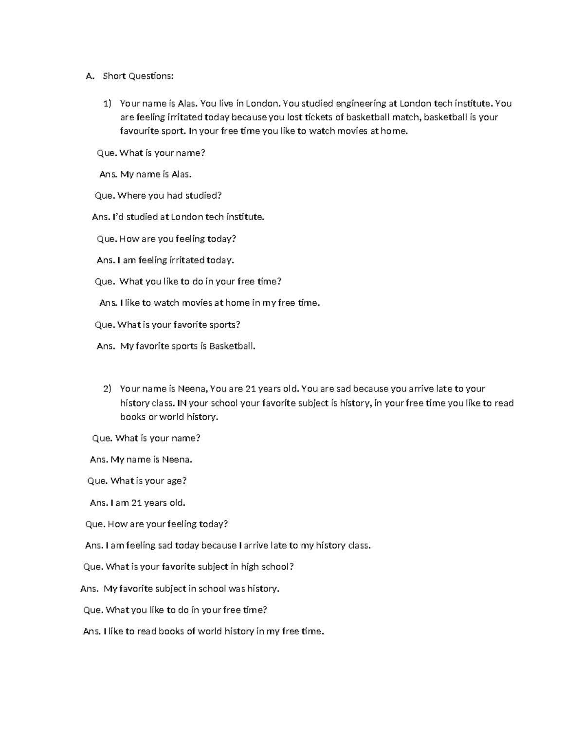 SVAR - Short Questions and Conversations Practice - Studocu