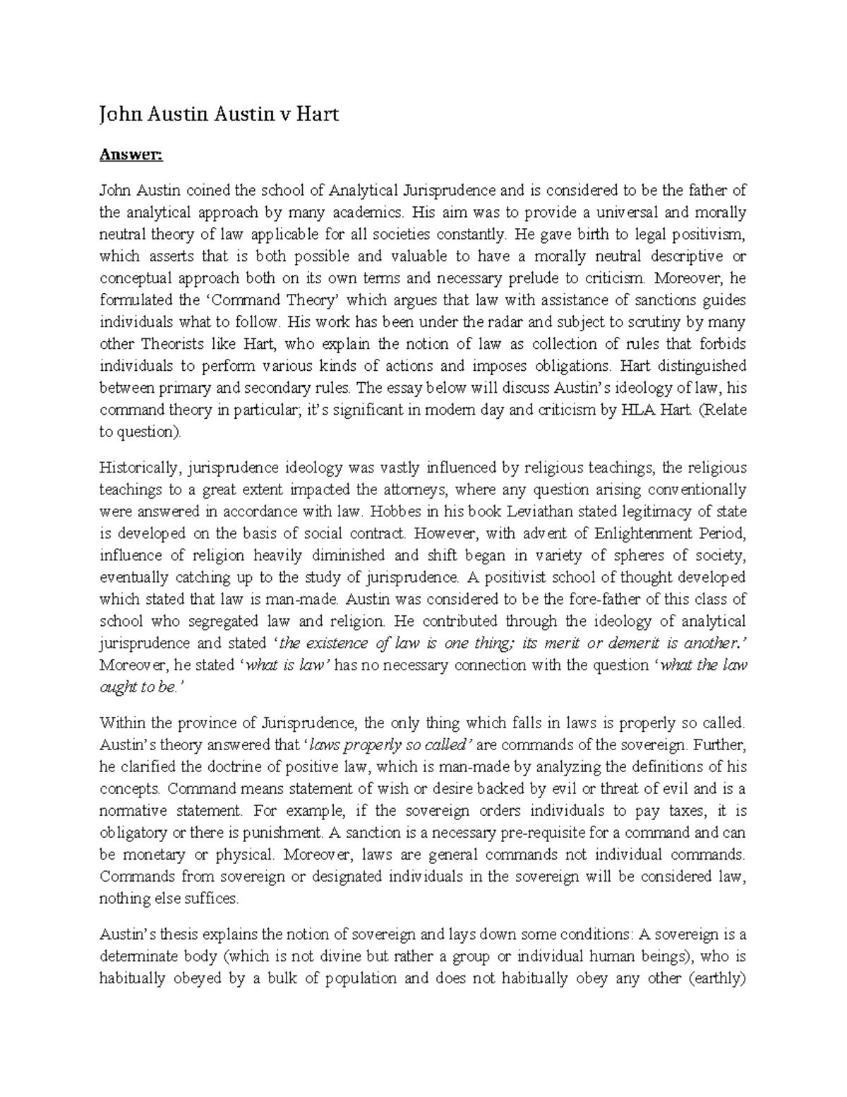 John Austin's Command Theory vs. HLA Hart's Legal Positivism - Studocu