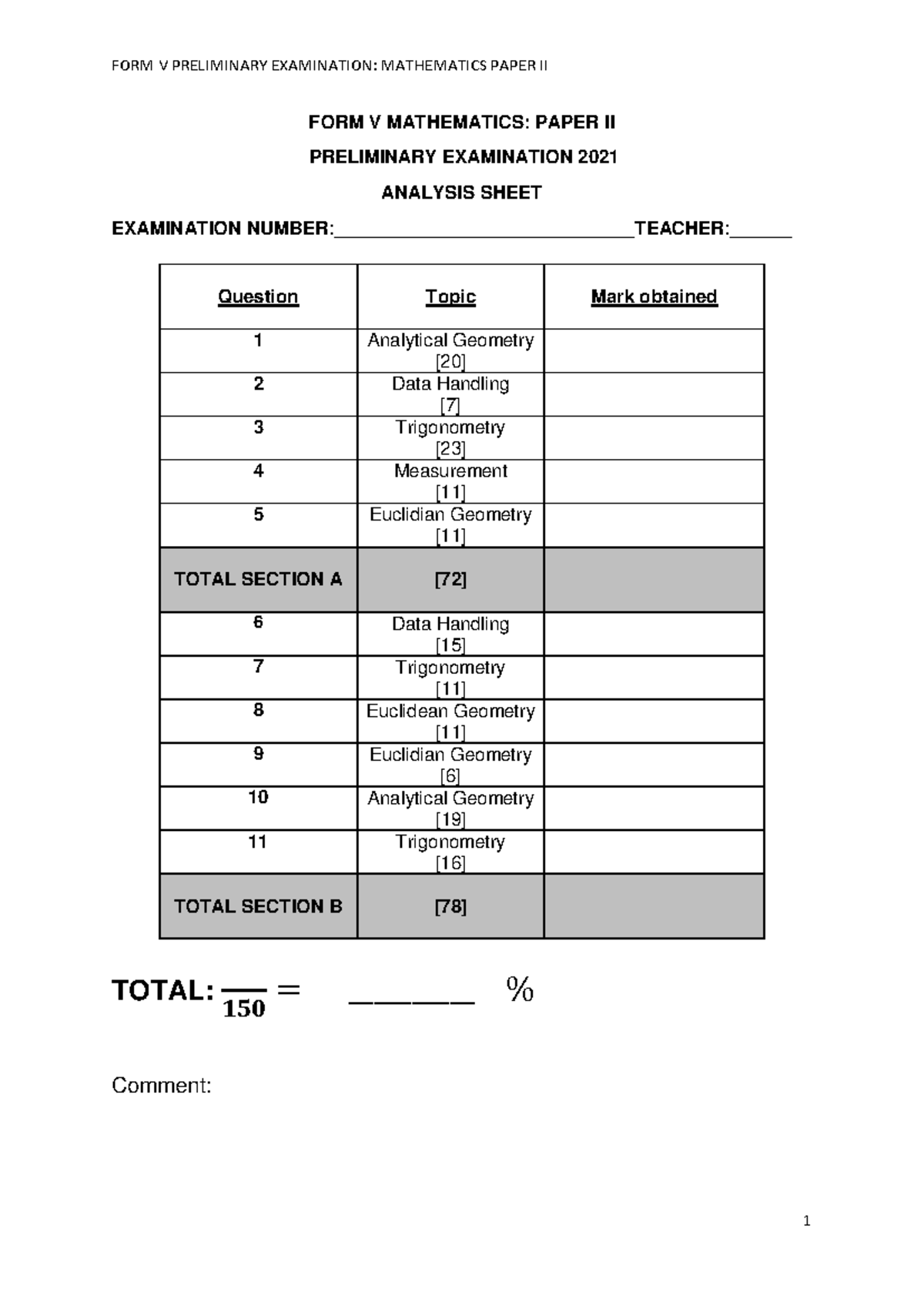 FORM V MATHEMATICS: 2021 PRELIMINARY EXAMINATION PAPER II ANALYSIS ...
