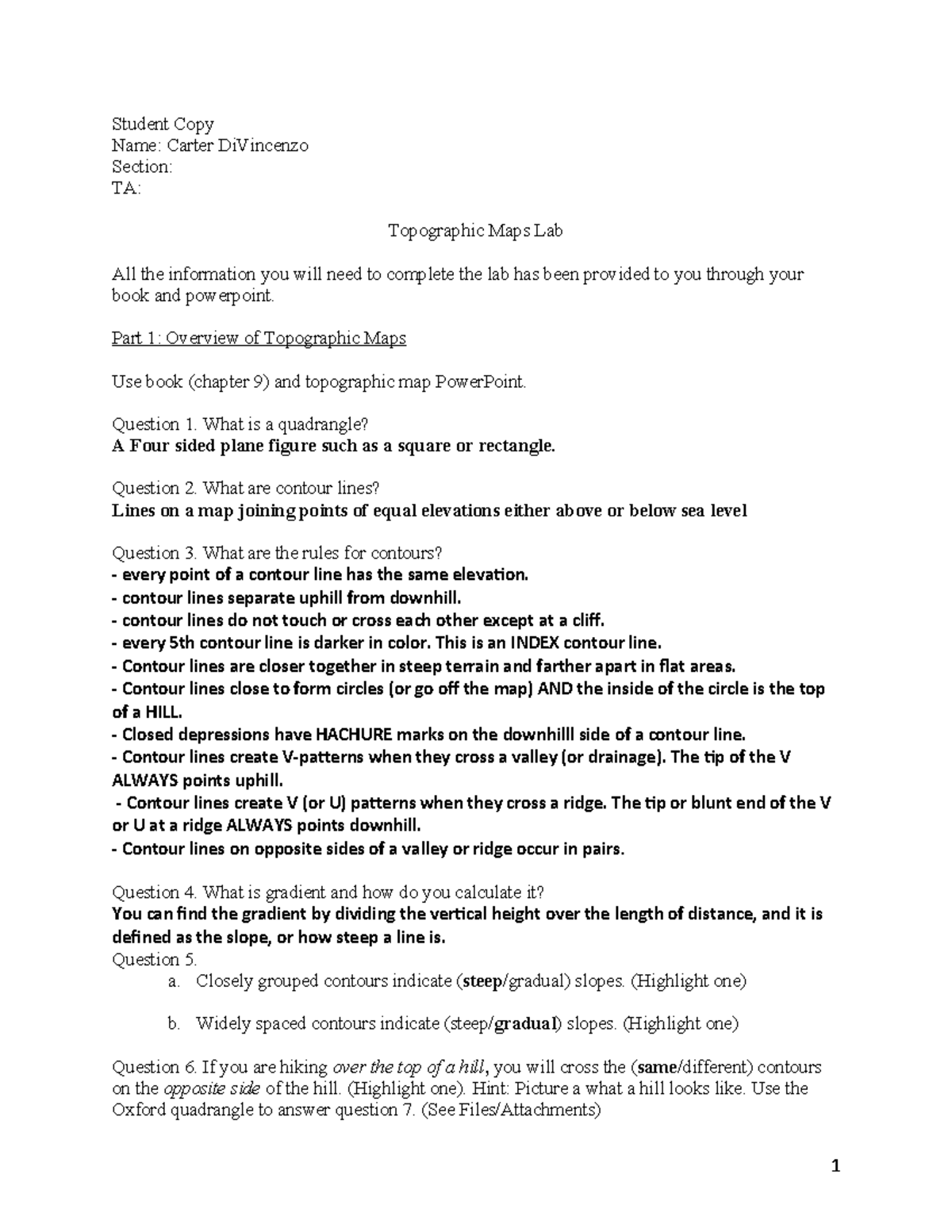Lab 9 Topographic Maps Student Copy - Student Copy Name: Carter ...