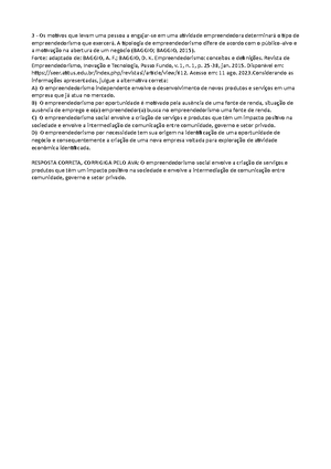 AV1 - Empreendedorismo Criativo - questao 3 - 3 - A inovação vem sendo ...