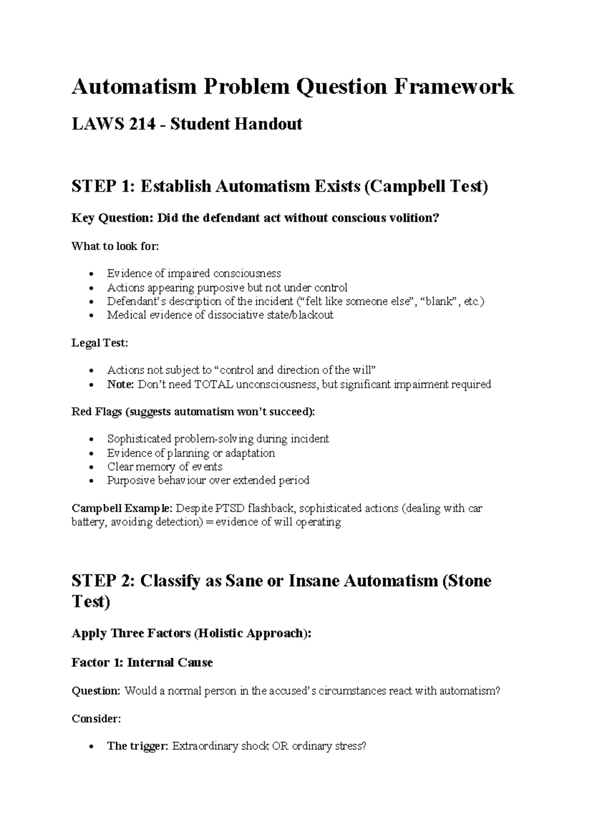 Automatism Problem Question Framework LAWS 214 Student Handout - Studocu