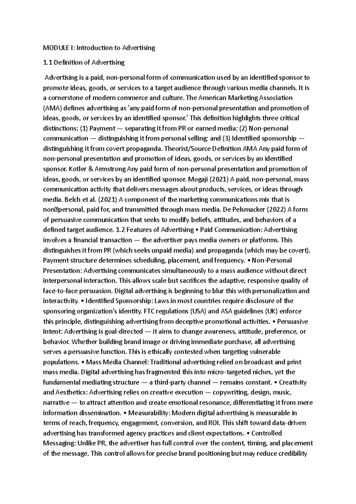 Module I: Advertising Notes - Key Concepts and Definitions - Studocu