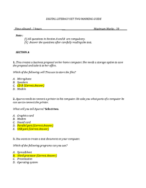 Digital Literacy SET TWO - DIGITAL LITERACY SET TWO Time allowed : 2 ...