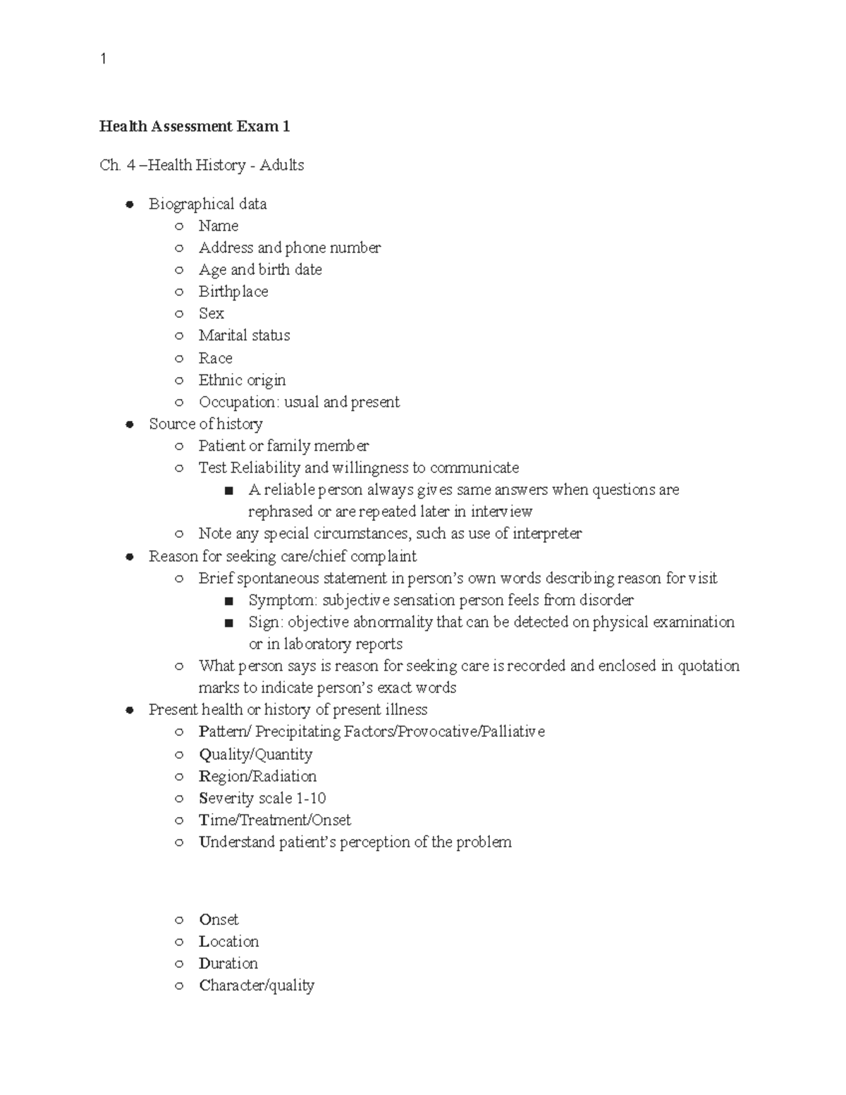Health Assessment HLT 101 Exam 1: Key Concepts & Techniques Overview ...