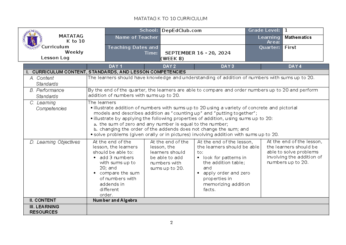 DLL Matatag Mathematics 1 First Quarter Week 8 Lesson Plan - Studocu