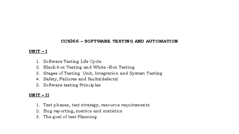 CCS366 - Important Unit-wise Questions for Software Testing - Studocu