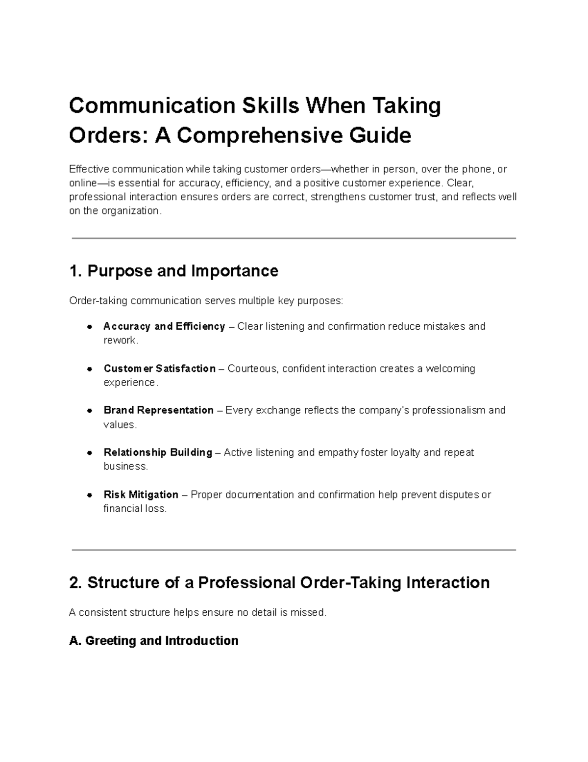 Effective Communication in Order Taking: A Comprehensive Guide - Studocu