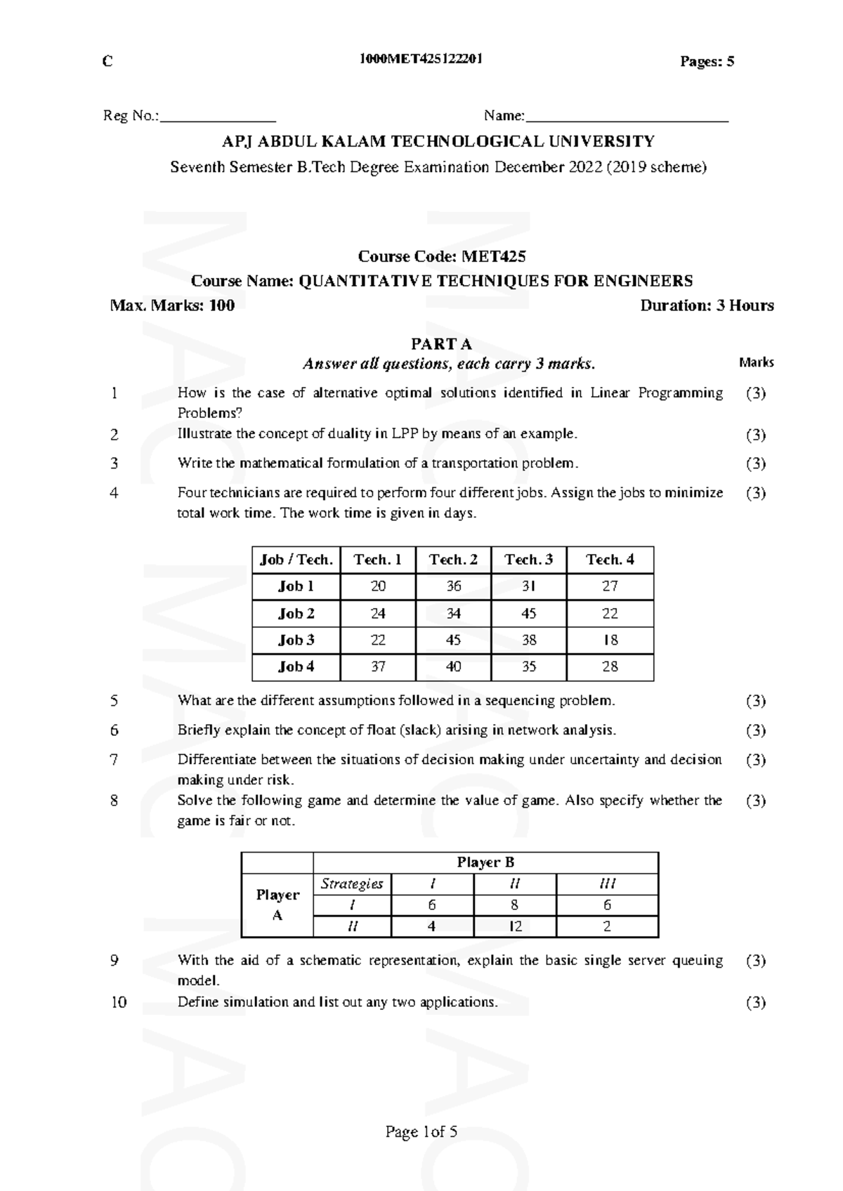 Quantitative Techniques for Engineers (MET) - Exam Paper Dec 2022 - Studocu