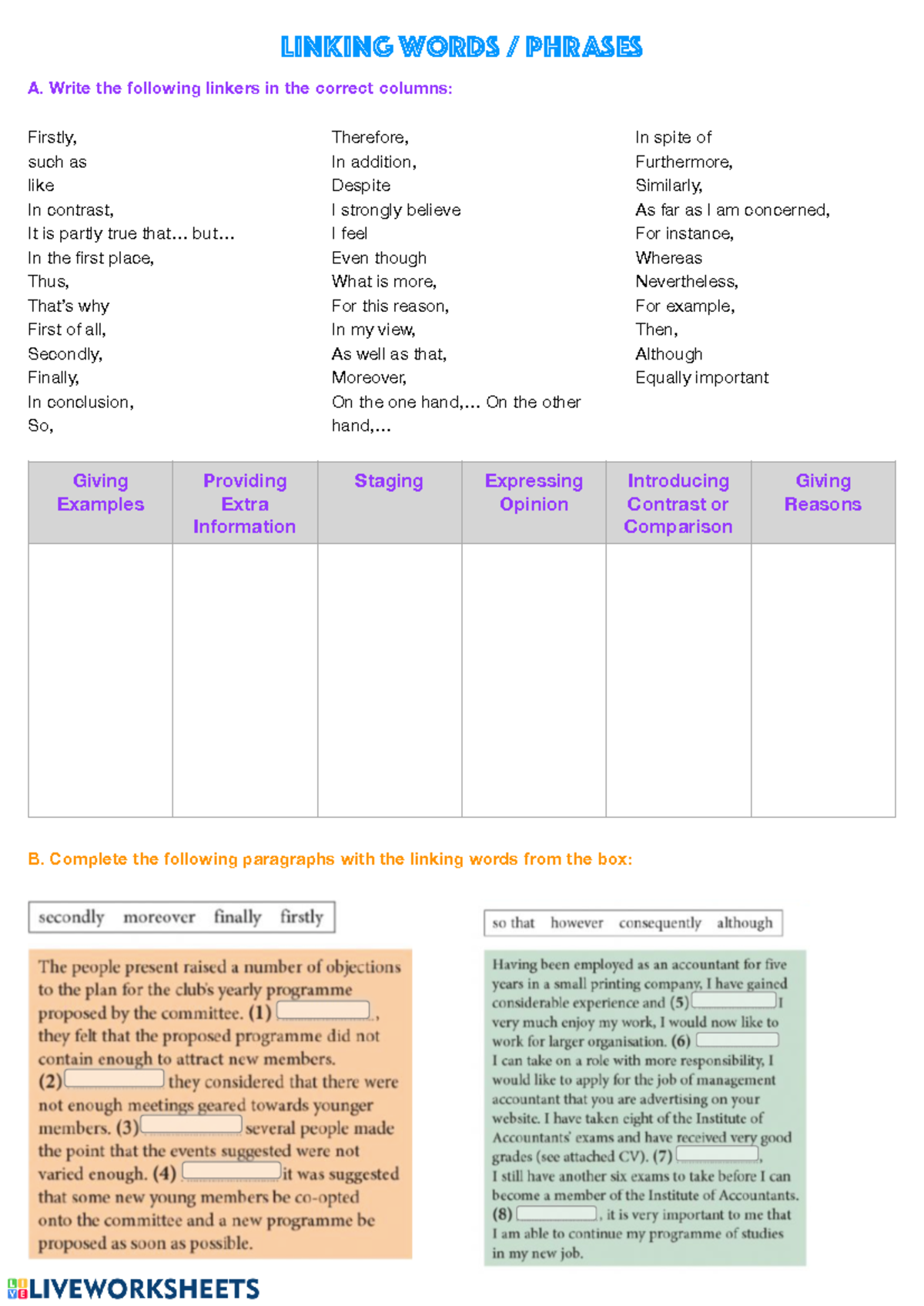 S6 - Linking Words and Phrases Worksheet for Essay Writing - Studocu