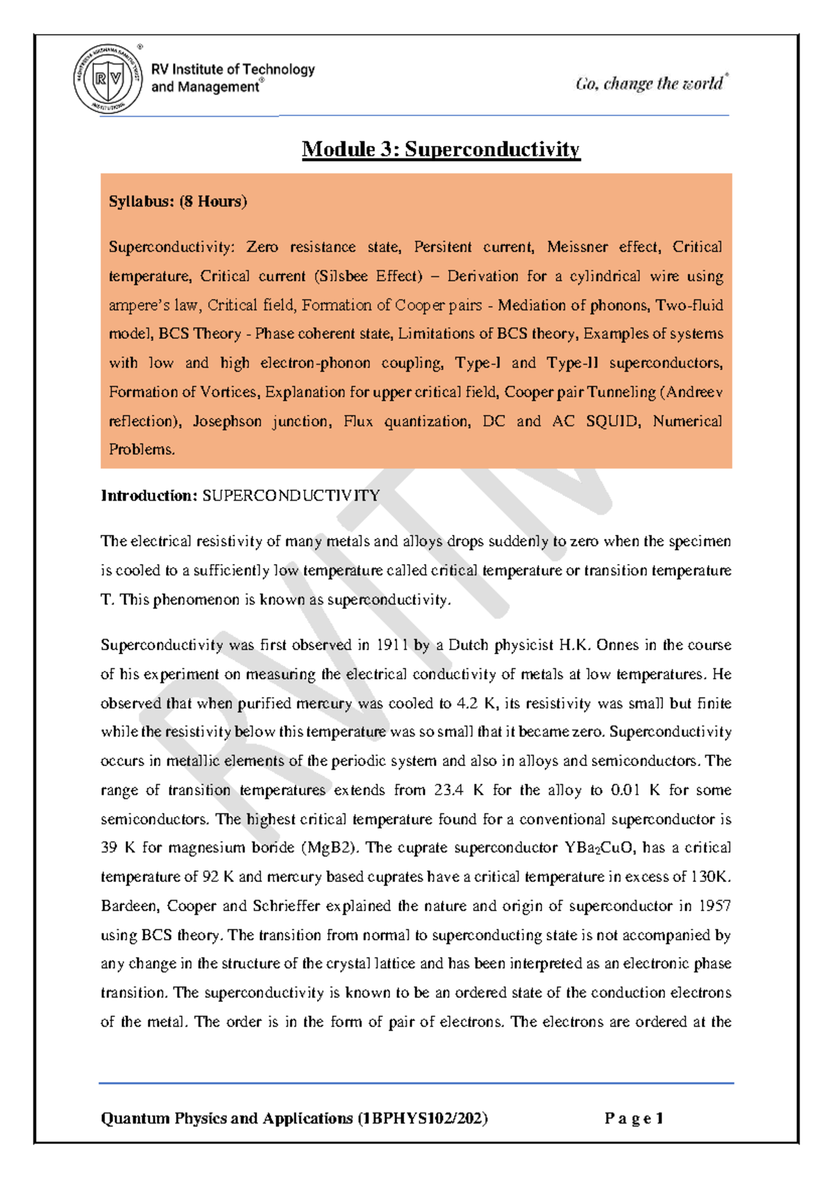 Module 3: Superconductivity Syllabus and Key Concepts - Studocu