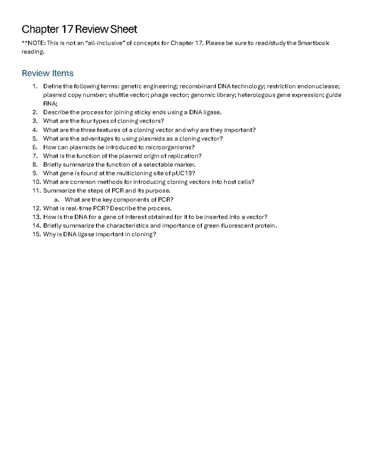 Chapter 17 Review Sheet: Genetic Engineering Concepts - Studocu