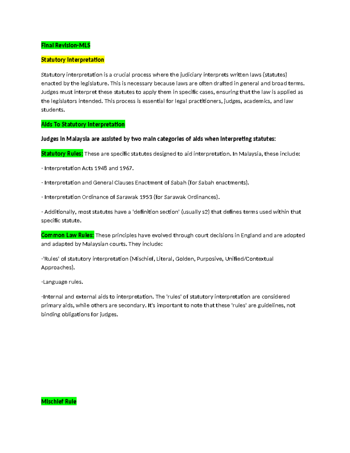 Final Exam Notes on Statutory Interpretation (MLS 101) - Studocu