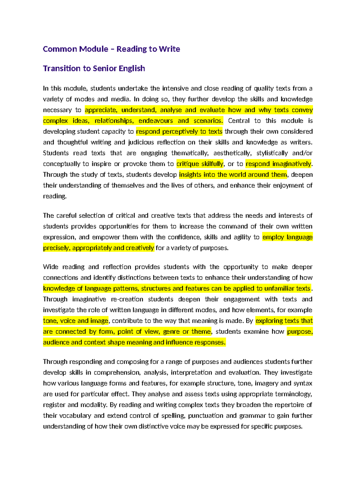 Rubric for Common Module: Reading to Write - Senior English - Studocu