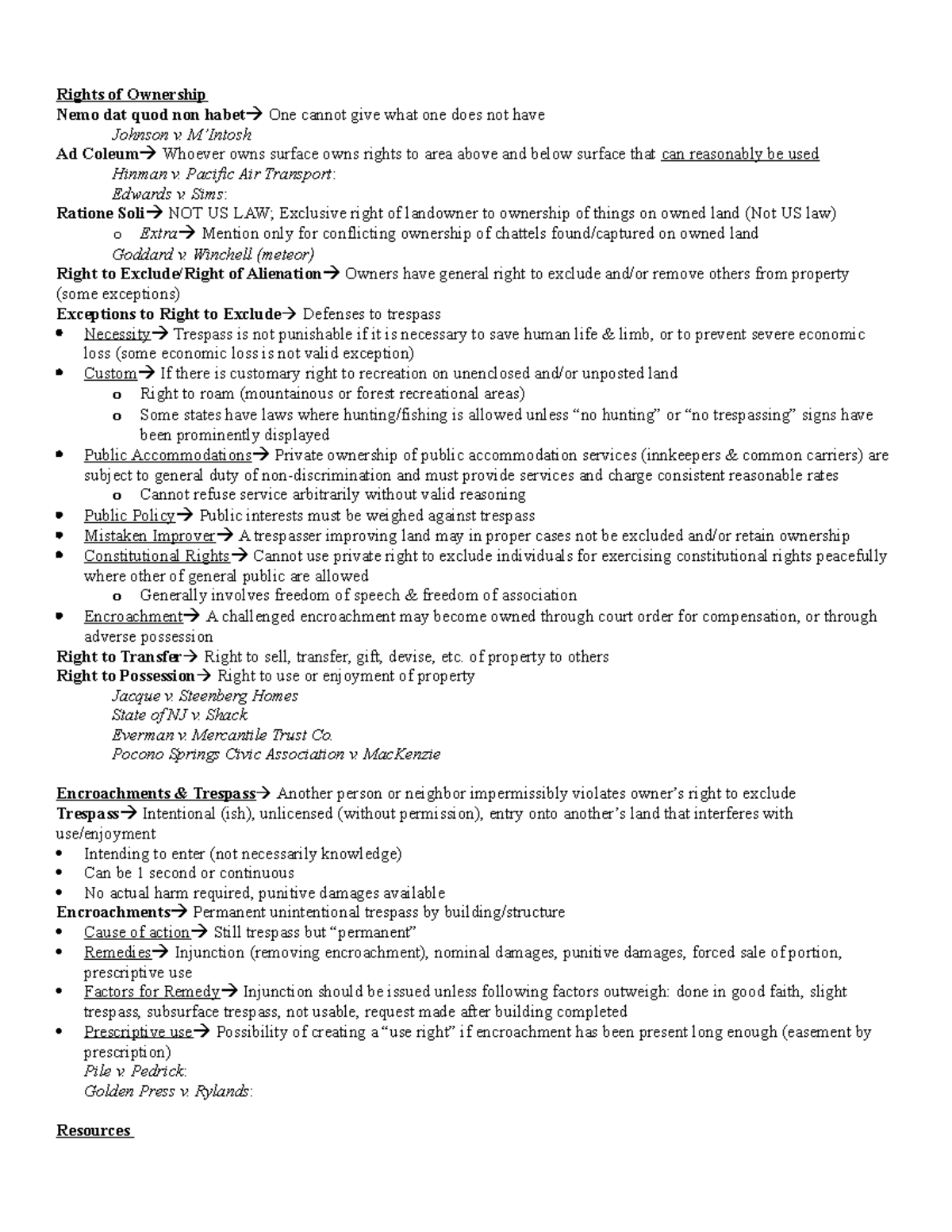 Property Law - Final Exam Outline: Ownership Rights and Key Cases - Studocu