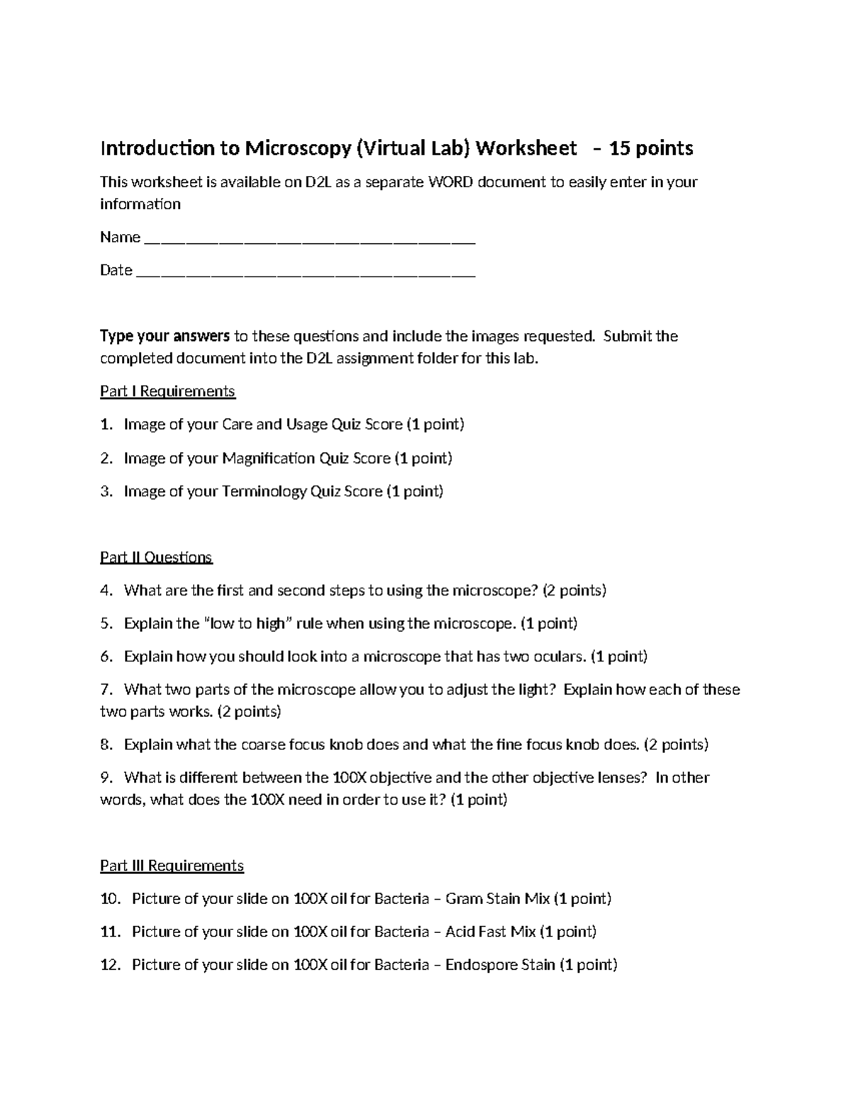 Microscopy Lab Worksheet - Introduction to Virtual Lab (15 pts) - Studocu