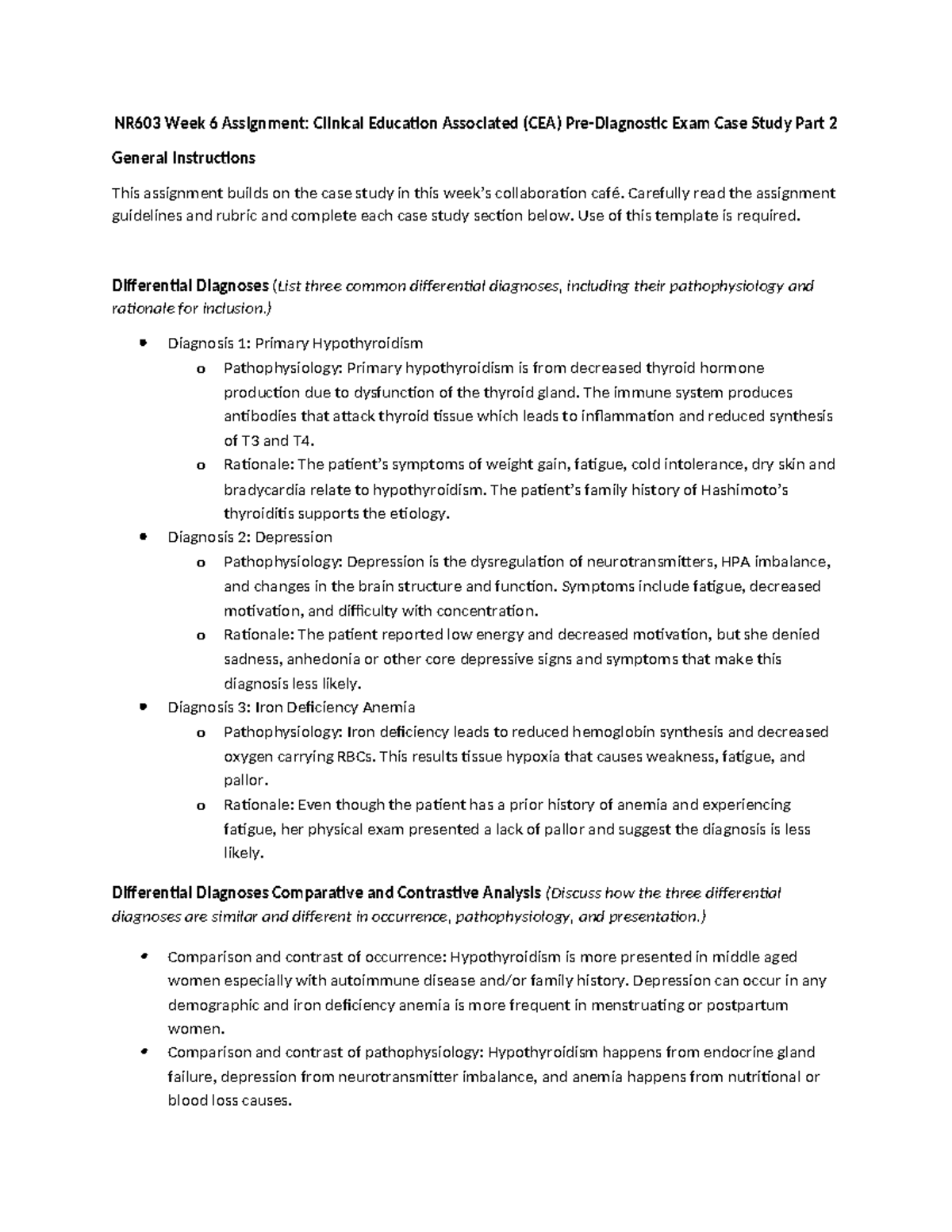 NR603 Week 6 Assignment: CEA Exam Case Study Analysis Part 2 - Studocu
