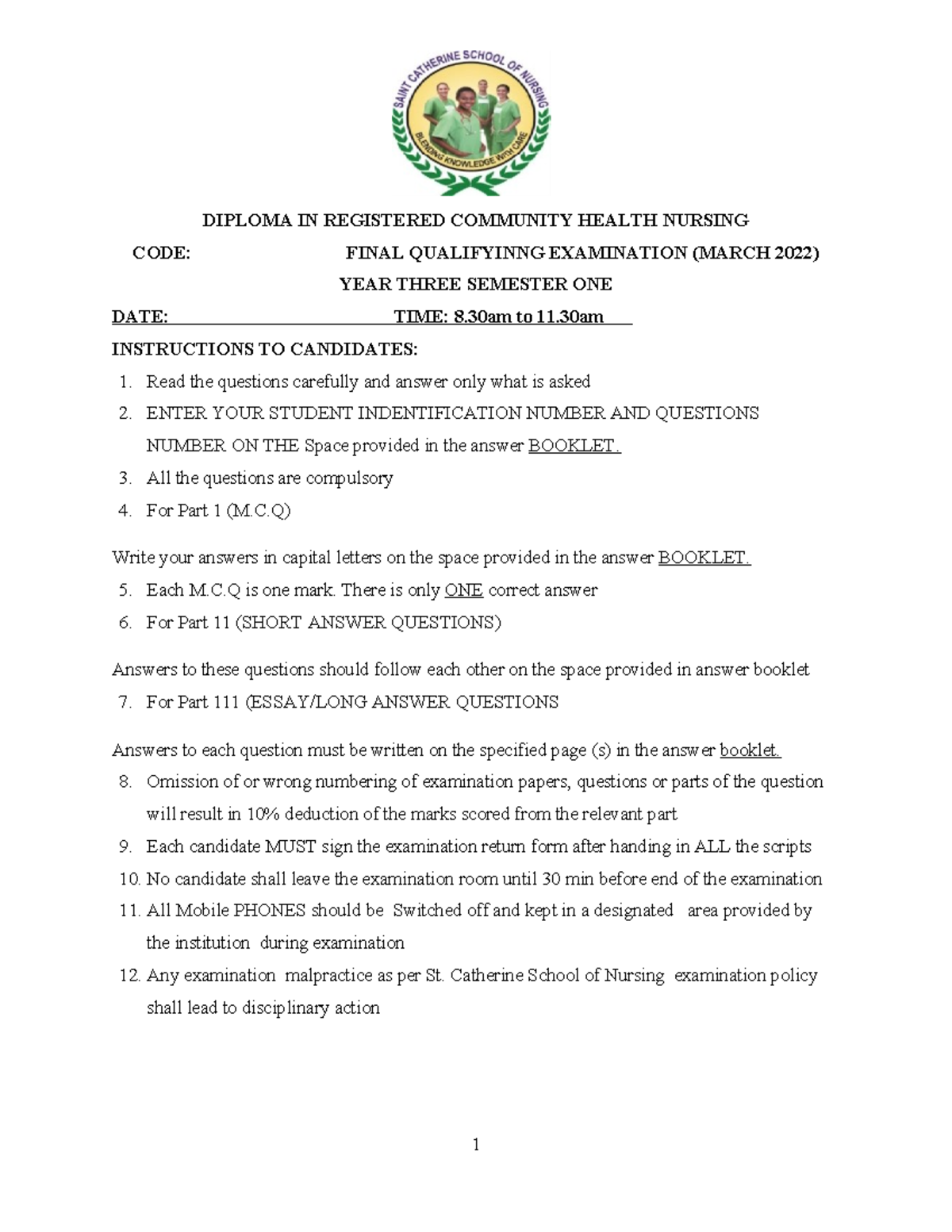 DIPLOMA IN REGISTERED COMMUNITY HEALTH NURSING CODE: FINAL EXAM (MARCH ...