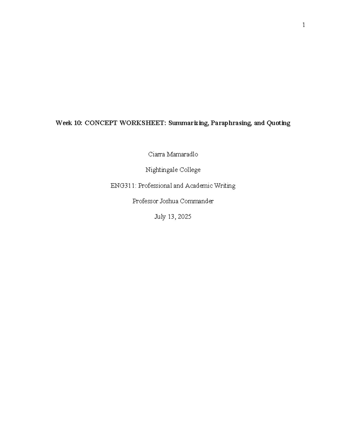 ENG311: Week 10 Concept Worksheet on Summarizing, Paraphrasing, and ...
