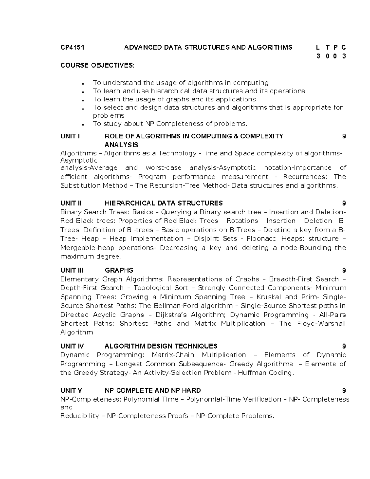 CP4151 Syllabus: Advanced Data Structures & Algorithms Overview - Studocu