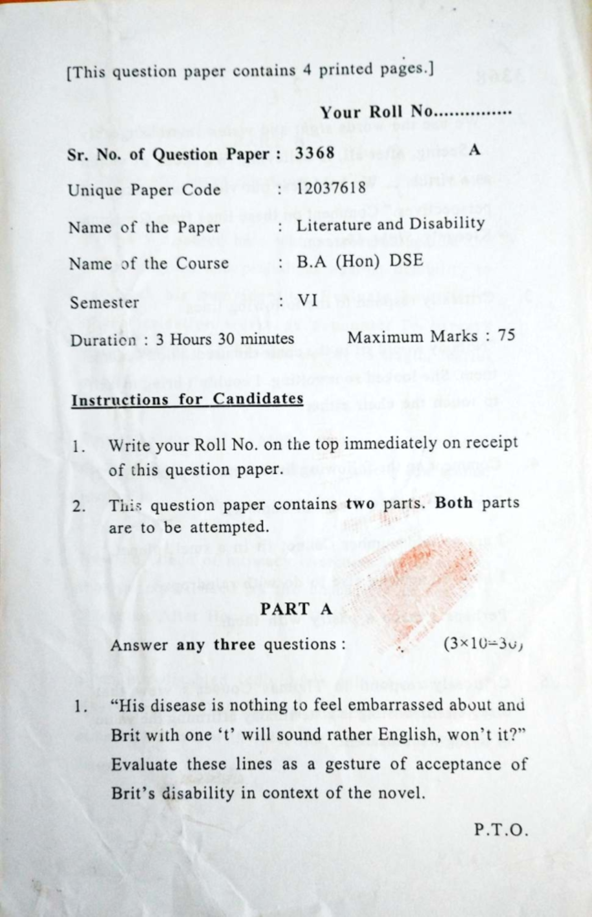 B.A. (Hons) DSE VI - Lit & Disability Question Paper UPC 12037618 - Studocu