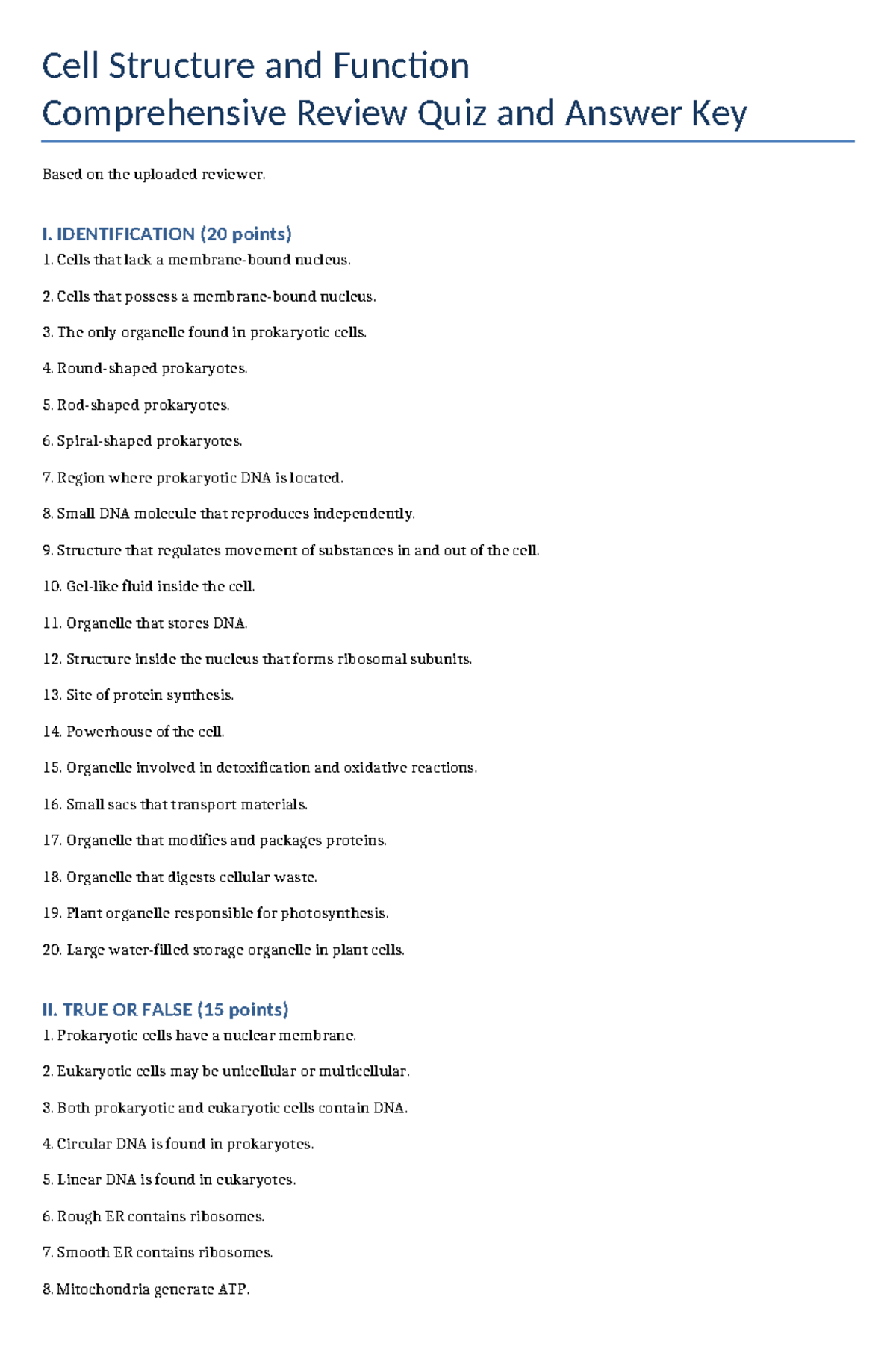 Complete Cell Structure & Function Quiz (Review) - Answer Key - Studocu