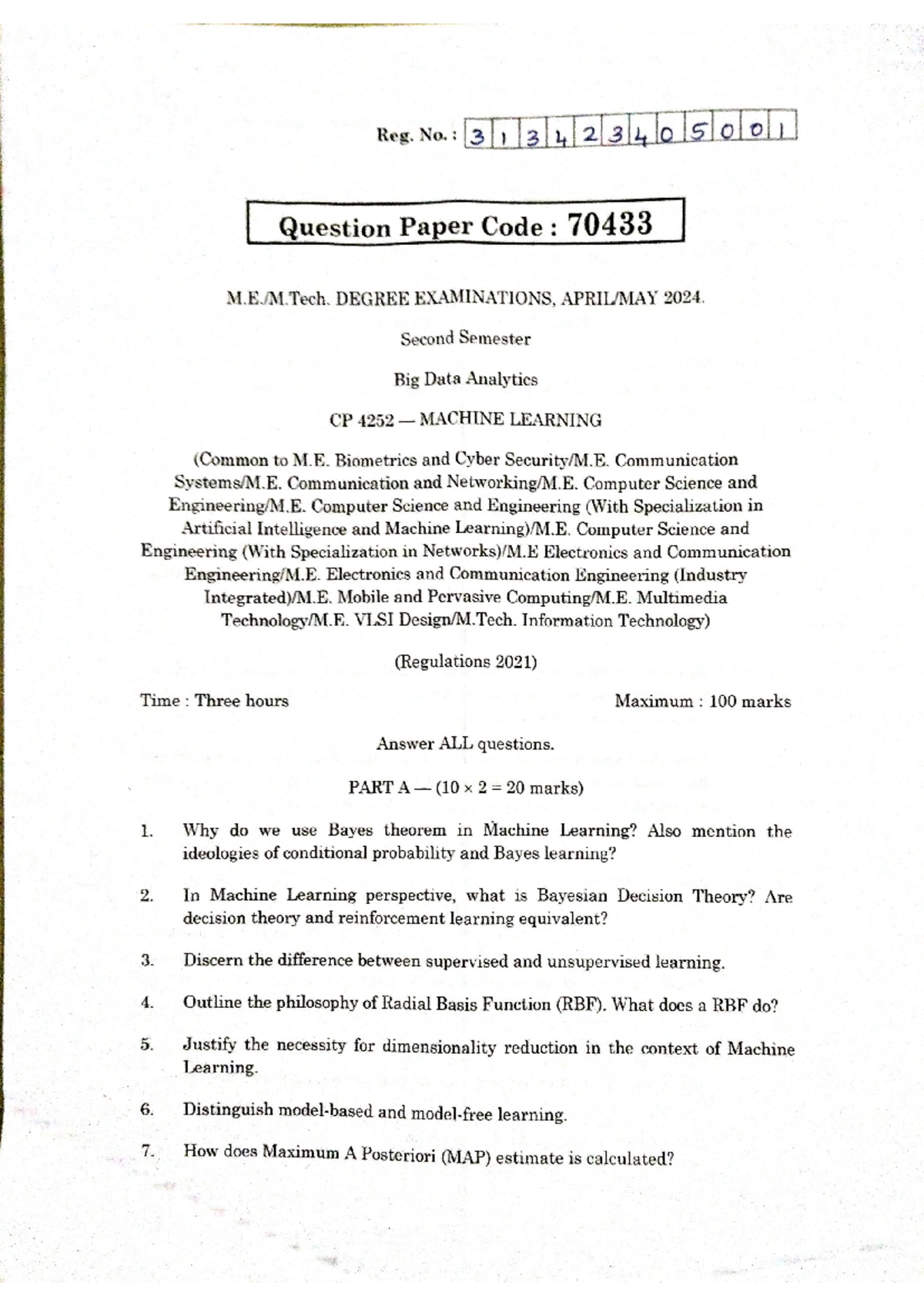 CP 4252 Machine Learning - Degree Exam Questions 2024 - Studocu