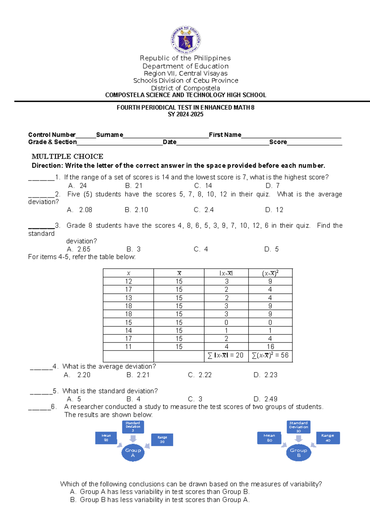 Q4TP: Enhanced Math 8 Periodical Test Answer Sheet - Studocu