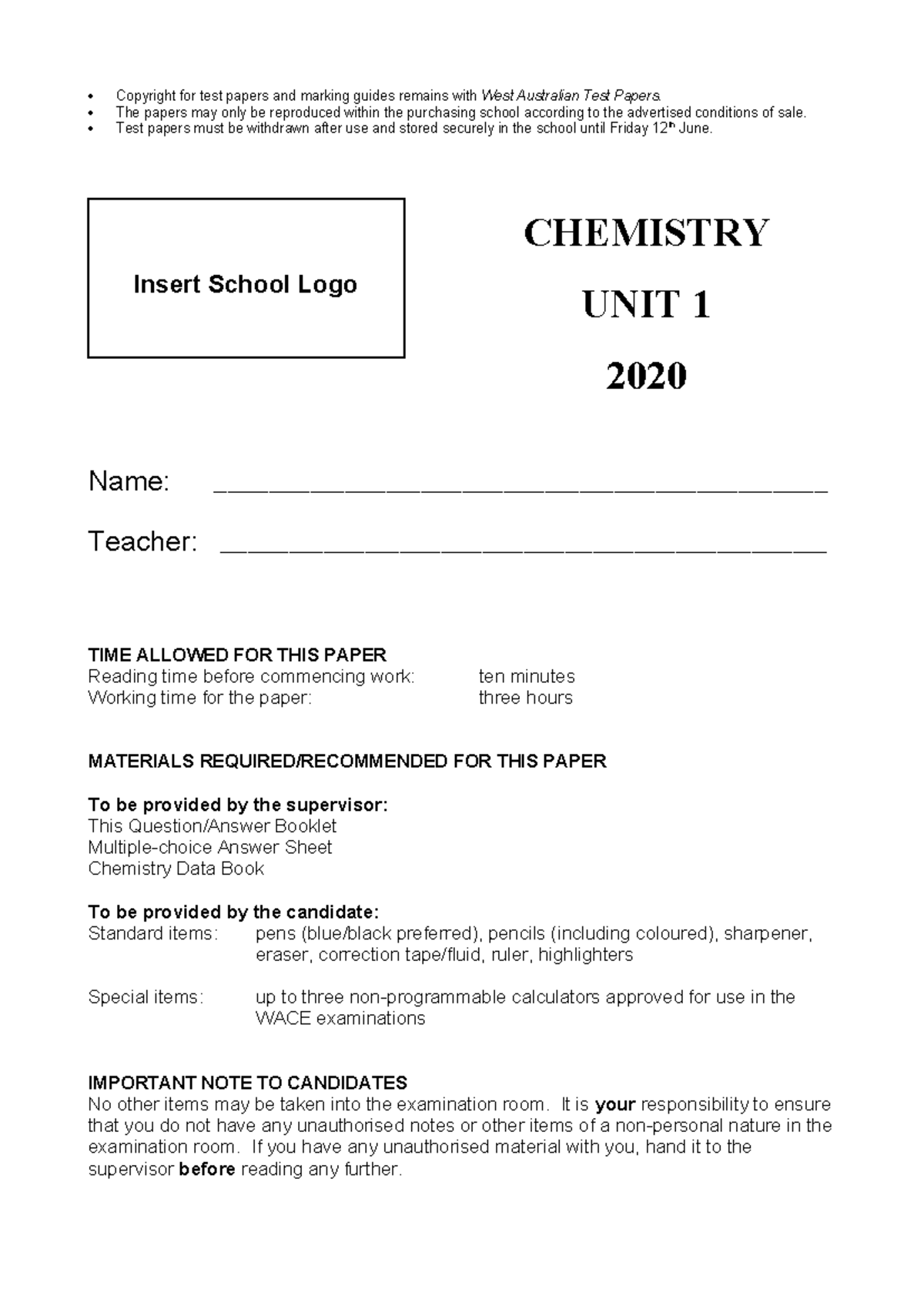 2020 CHEMISTRY UNIT 1 FINAL EXAM PAPER AND MARKING GUIDE - Studocu