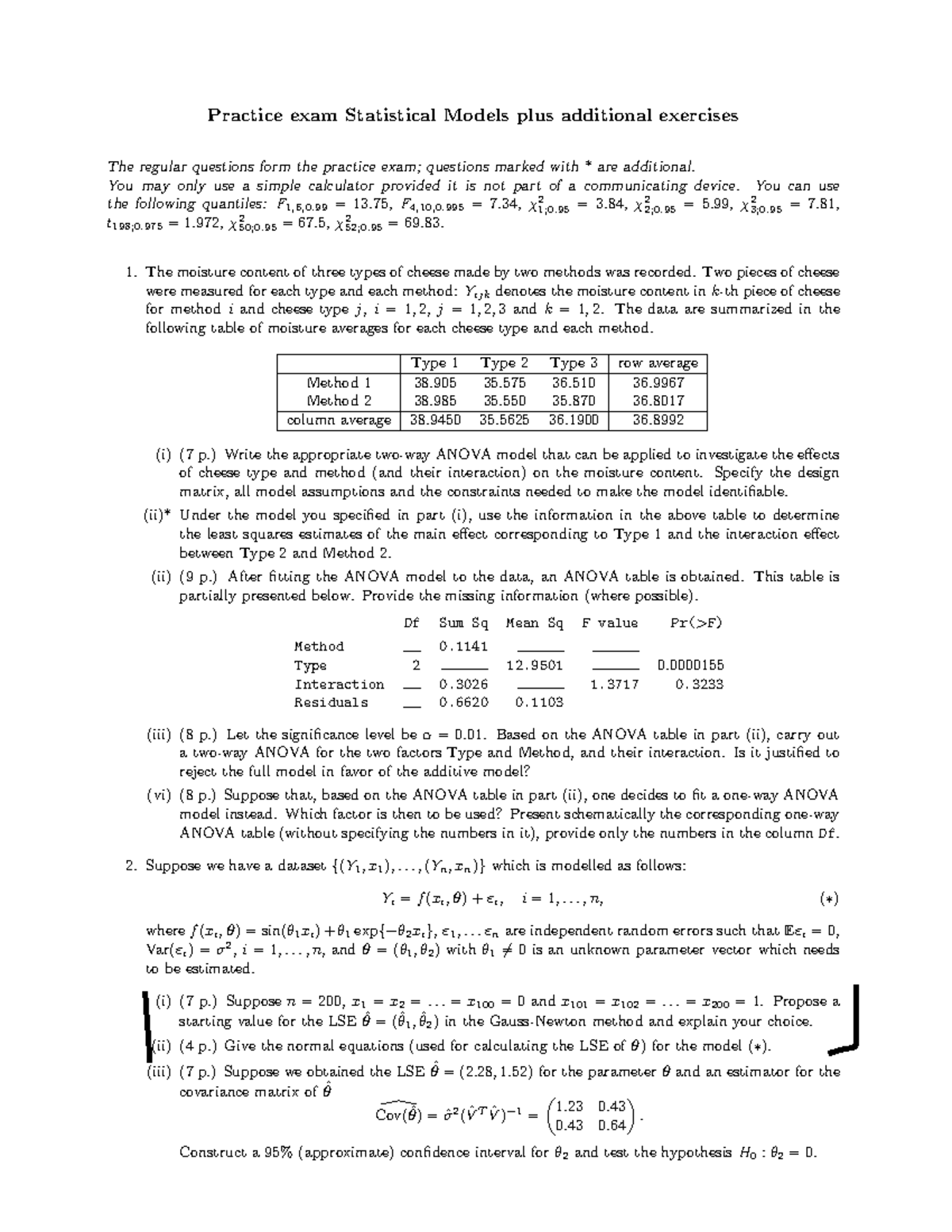 Practice Exam: Statistical Models (Statmod) with Exercises - Studeersnel