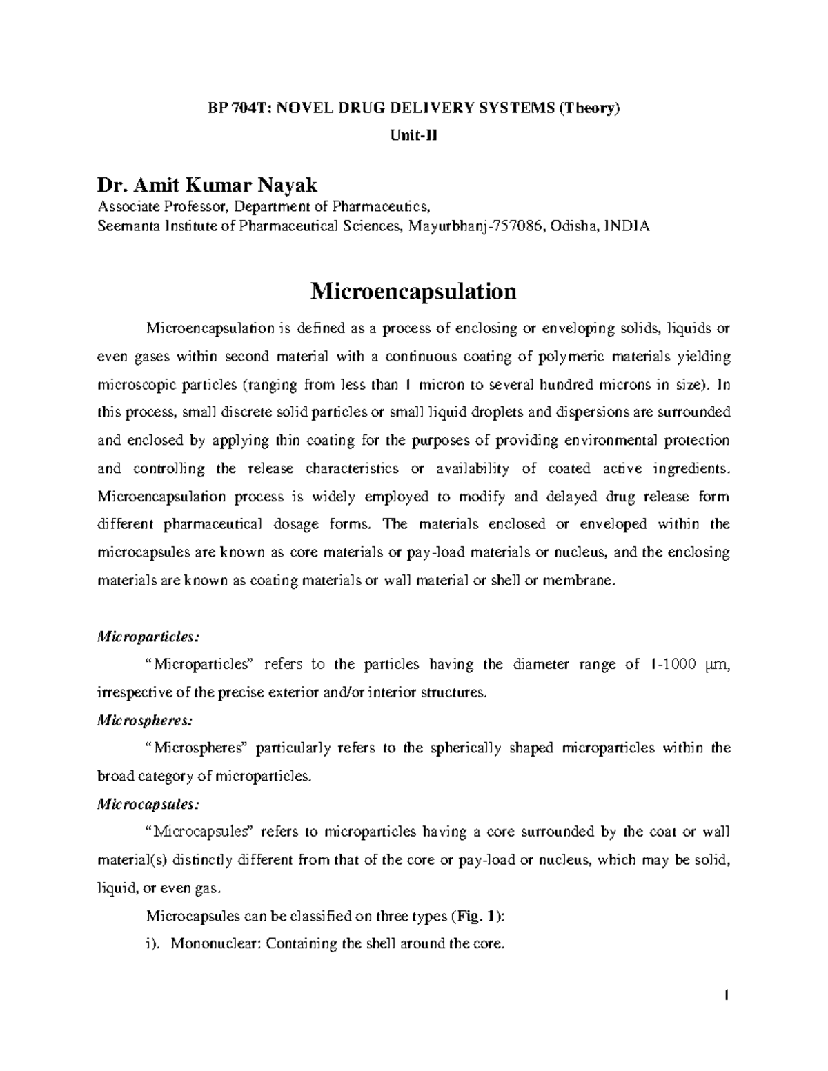 Microencapsulation Techniques and Applications in Pharmaceutics (BP704T ...