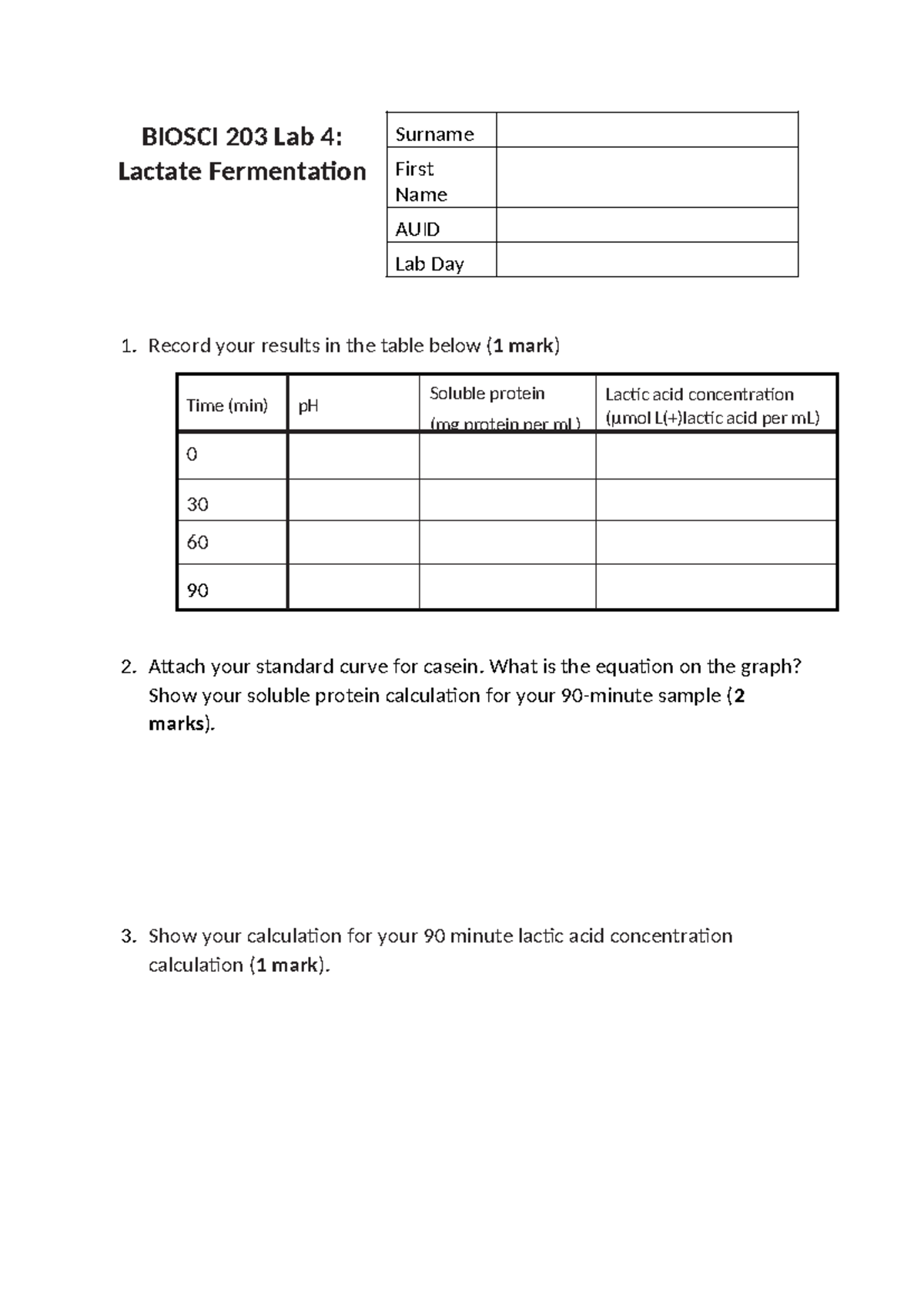 BIOSCI 203 Lab 4: Results and Calculations for Lactate Fermentation ...