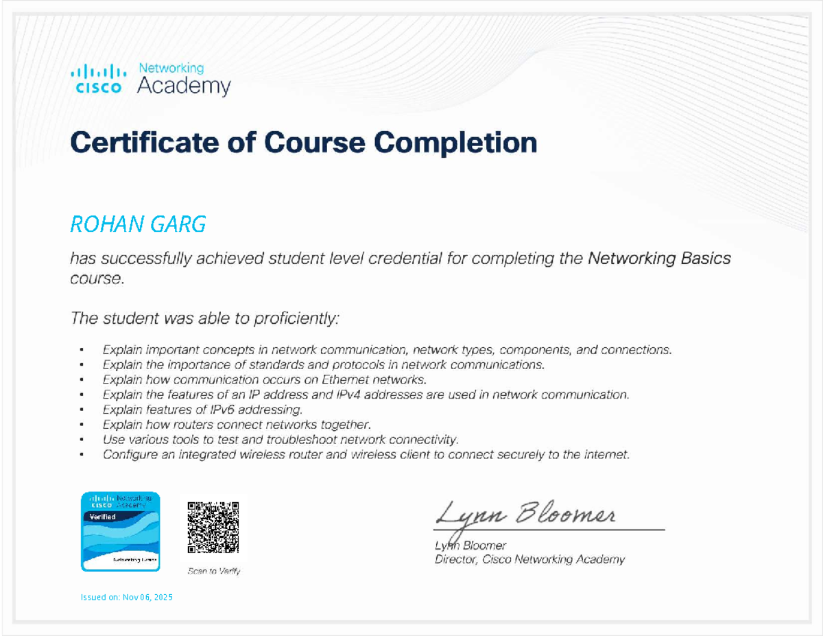 Networking Basics Course Completion Certificate - CISCO Academy - Studocu