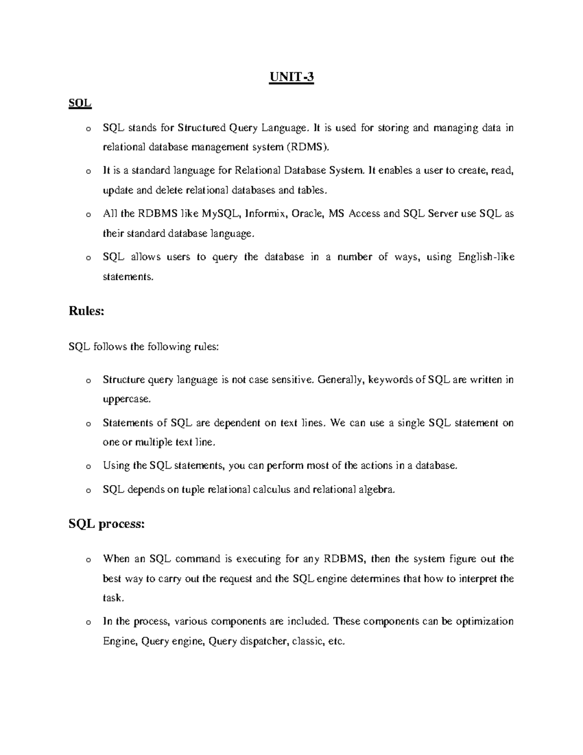DBMS UNIT-3 - R22 and R18 notes for DBMS - UNIT- 3 SQL o SQL stands for ...