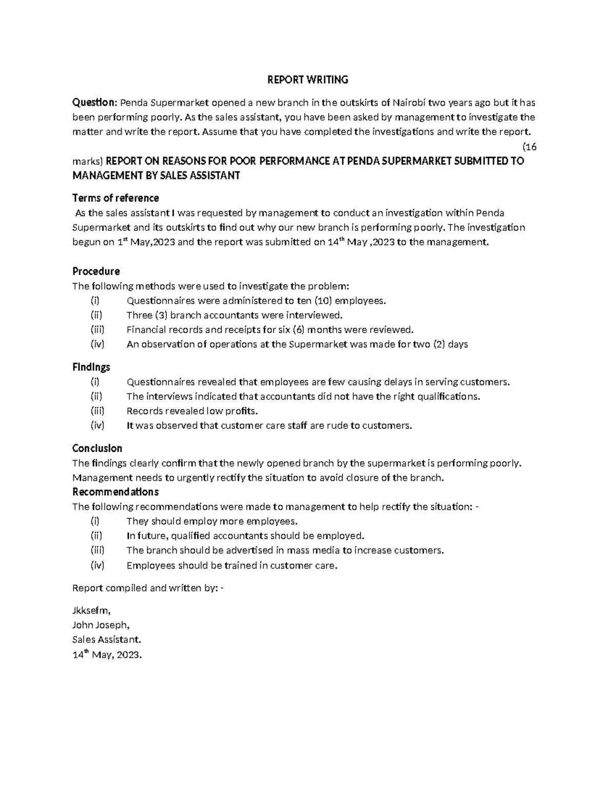 REPORT ON POOR PERFORMANCE AT PENDA SUPERMARKET - JJA 2023 - Studocu
