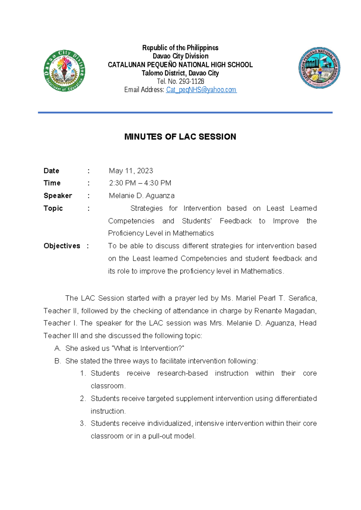 Minutes of lac session - Republic of the Philippines Davao City ...