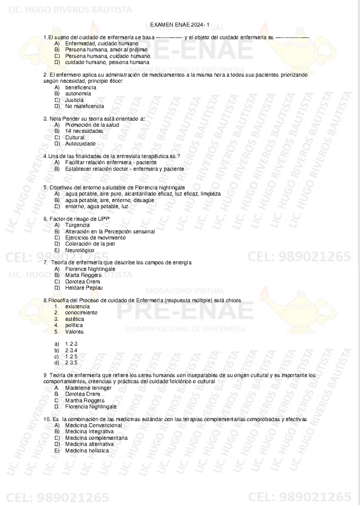 Examen ENAE 2024-I: Cuidados y Prácticas en Enfermería - Document Preview