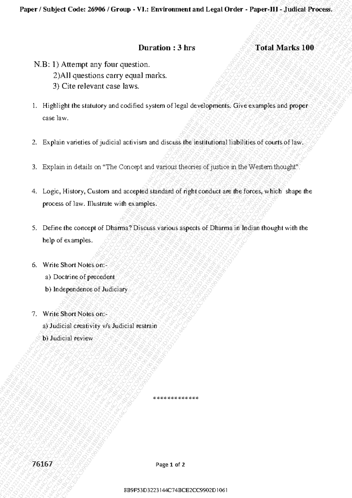 Judical Process - law question paper - 76167 Page 1 of 2 Duration : 3 ...