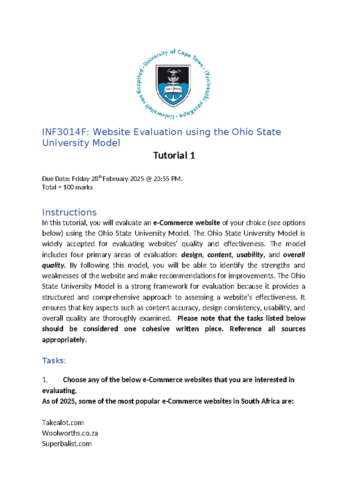 INF3014F: Evaluating Websites with the Ohio State Model - Tutorial 1 ...