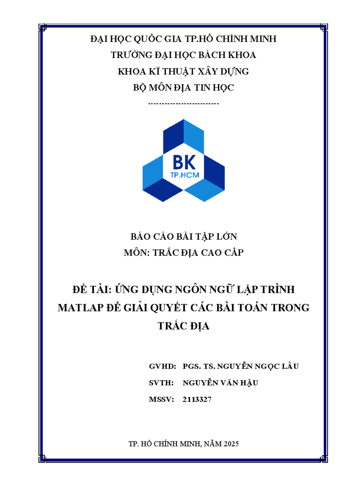 Báo cáo Bài Tập Lớn Môn Trắc Địa Cao Cấp: Ứng Dụng Matlab - Document Preview