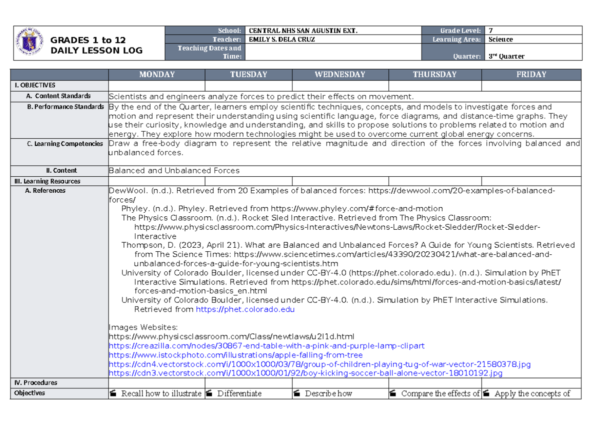 Grades 7 Science Daily Lesson Log (DLL) - Week 3, 3rd Quarter - Studocu